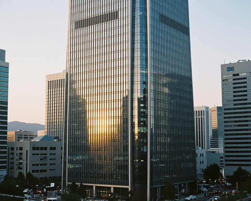 A cinematic view of Seoul's financial district at dawn